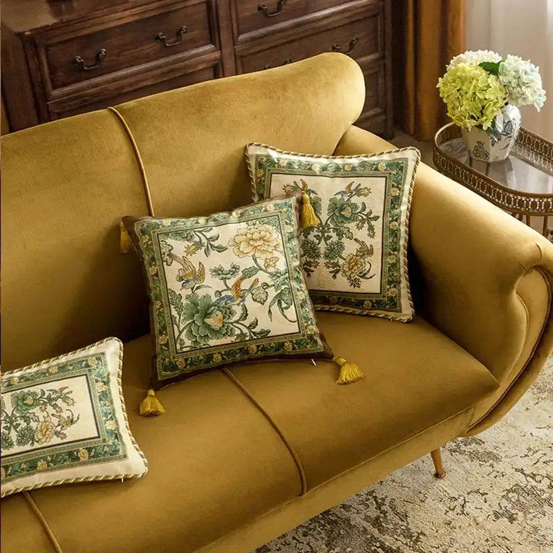 Chinoiserie Original Flowers and Birds Green Throw Pillow - SinoCultural -- SJZBZ046A01