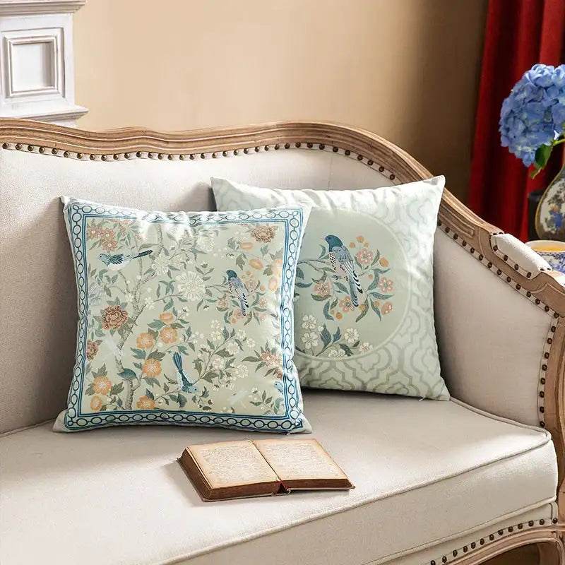 Chinoiserie Original Flowers and Birds Light Blue Throw Pillow - SinoCultural -- SJZBZ047A01