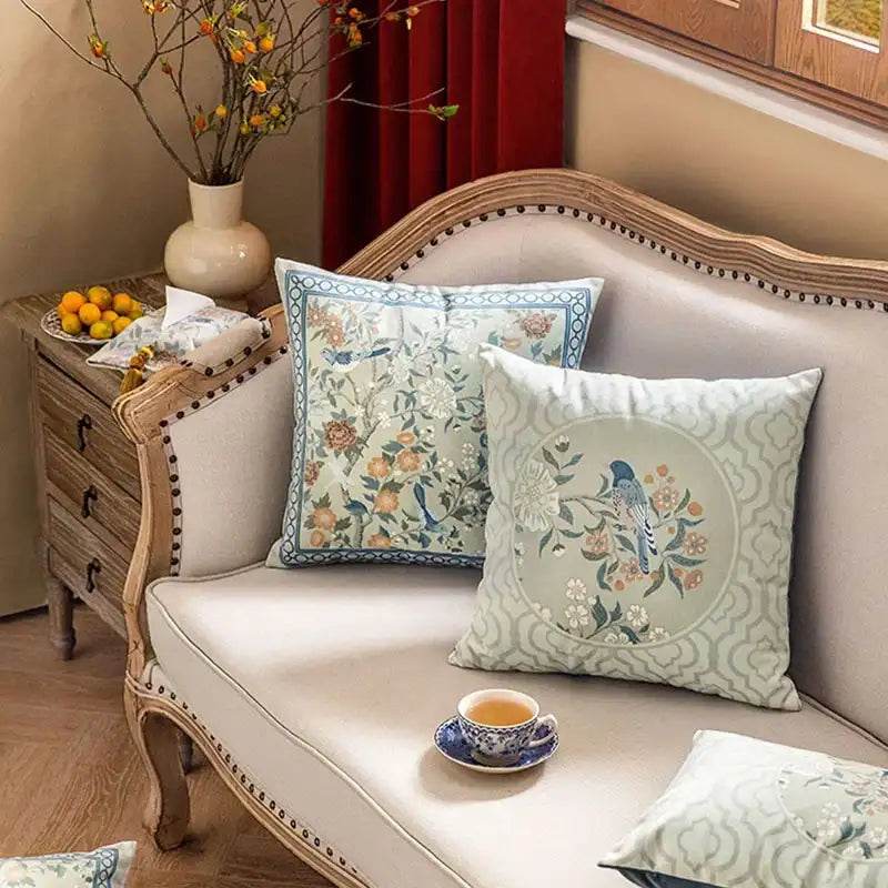 Chinoiserie Original Flowers and Birds Light Blue Throw Pillow - SinoCultural -- SJZBZ047A01 -