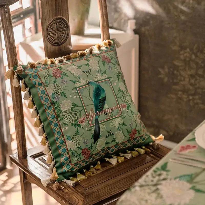 Chinoiserie Vintage Flowers and Birds Throw Pillow - SinoCultural -- SJZBZ048A01 -