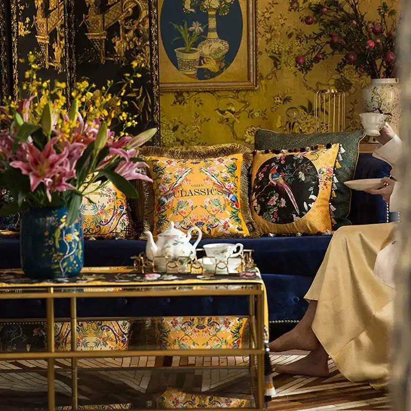 Chinoiserie Yellow Retro Flowers and Birds Throw Pillow - SinoCultural -- SJZBZ053A01