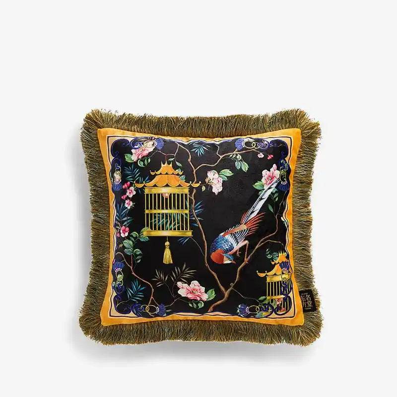 Chinoiserie Yellow Retro Flowers and Birds Throw Pillow - SinoCultural -- SJZBZ053A01 -