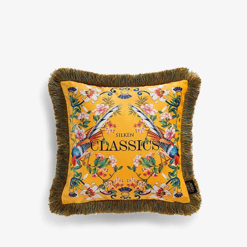 Chinoiserie Yellow Retro Flowers and Birds Throw Pillow - SinoCultural -- SJZBZ053A01
