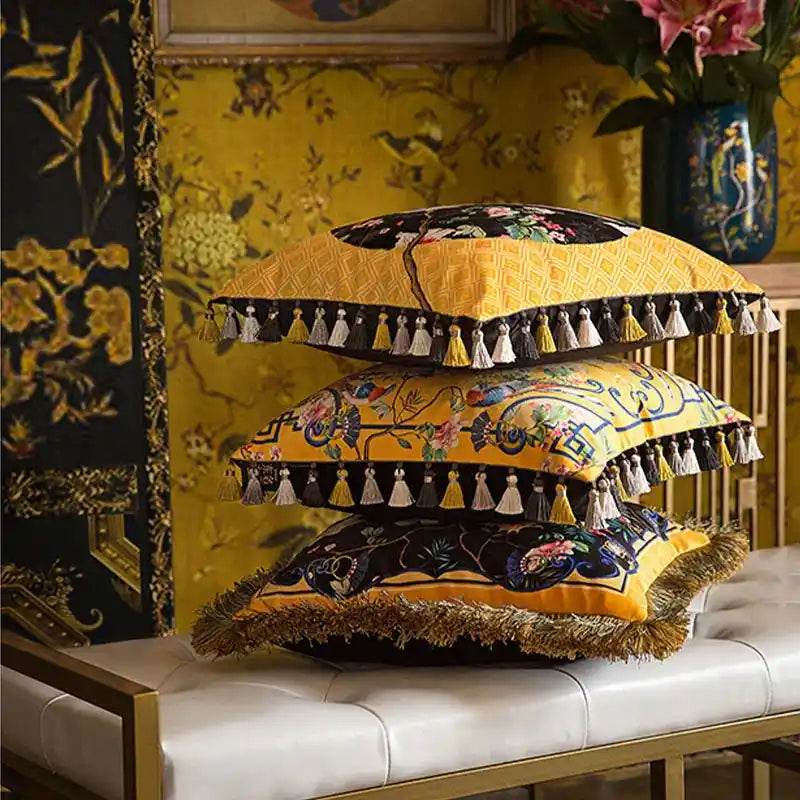 Chinoiserie Yellow Retro Flowers and Birds Throw Pillow - SinoCultural -- SJZBZ053A01 -