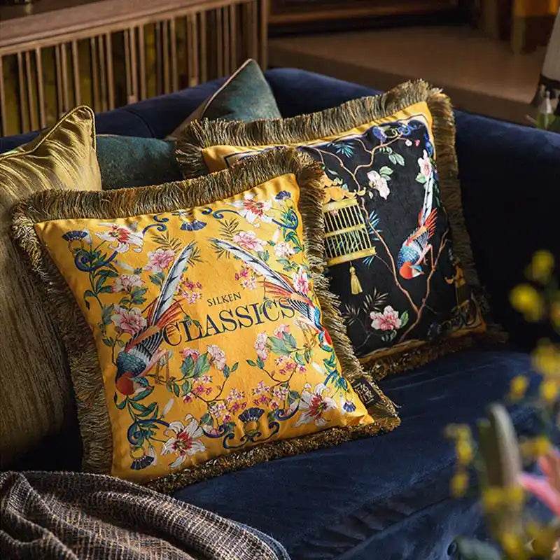 Chinoiserie Yellow Retro Flowers and Birds Throw Pillow - SinoCultural -- SJZBZ053A01