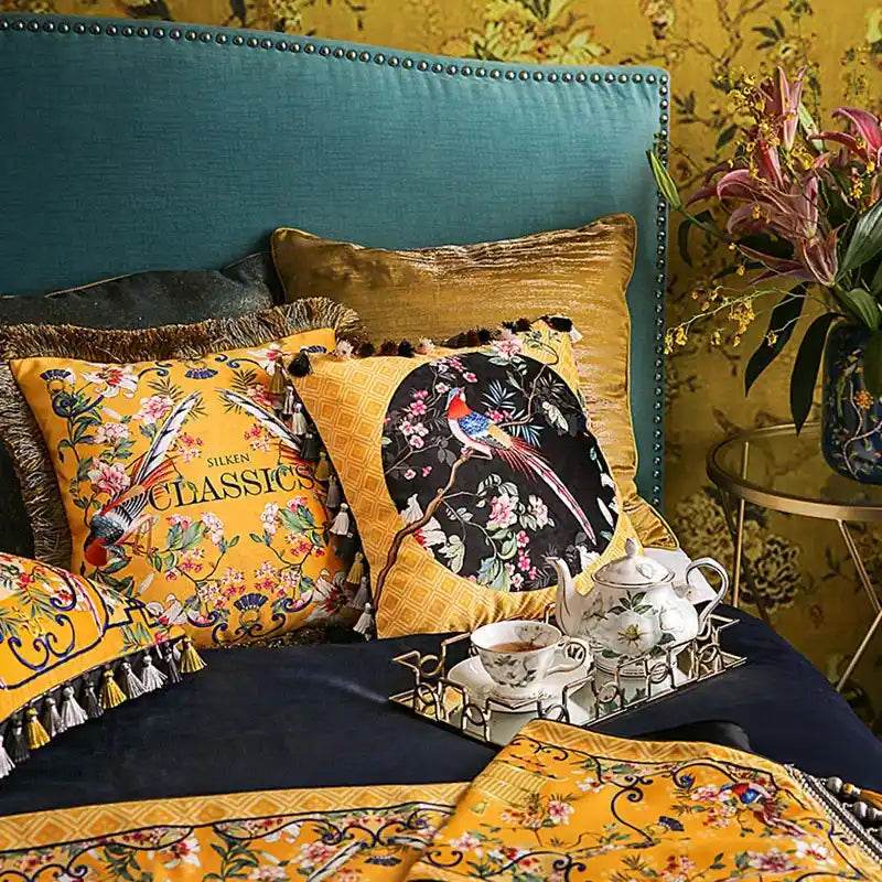Chinoiserie Yellow Retro Flowers and Birds Throw Pillow - SinoCultural -- SJZBZ053A01 -