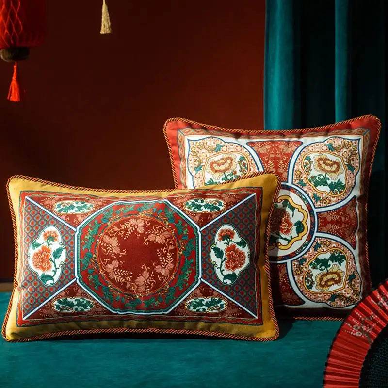 Chinoiserie Red-Yellow Classic Retro Luxurious Throw Pillow - SinoCultural