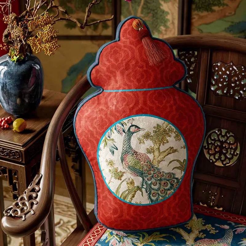 Chinoiserie Original Luxurious Vase-Shaped Peacock Lumbar Pillow - SinoCultural -- SJZBZ064A01