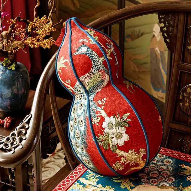 Chinoiserie Original Luxurious Gourd-Shaped Peacock Pillow - SinoCultural -- SJZBZ065