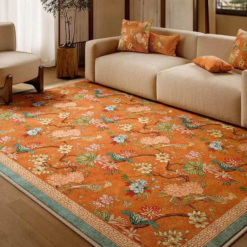 Chinoiserie Luxury Orange Natural Cotton Living Room Rug - SinoCultural -- LZ004A140