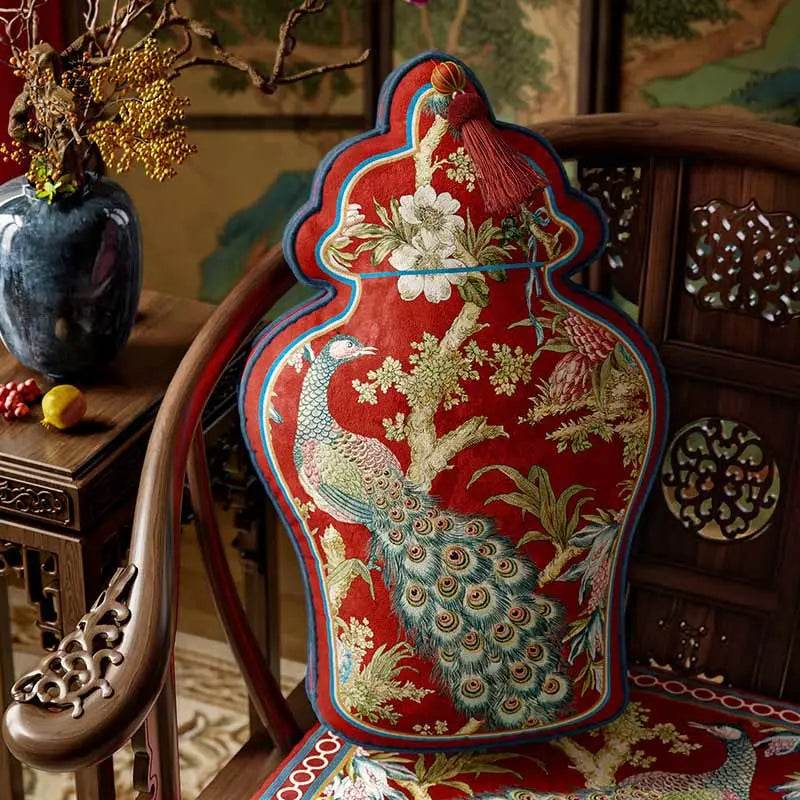 Chinoiserie Original Luxurious Vase-Shaped Peacock Lumbar Pillow - SinoCultural -- SJZBZ064A01