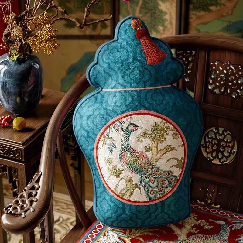 Chinoiserie Original Luxurious Vase-Shaped Peacock Lumbar Pillow - SinoCultural -- SJZBZ064A01