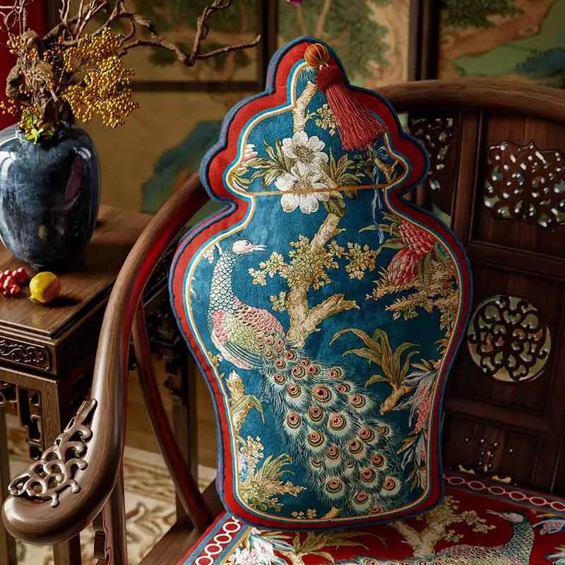Chinoiserie Original Luxurious Vase-Shaped Peacock Lumbar Pillow - SinoCultural -- SJZBZ064A01