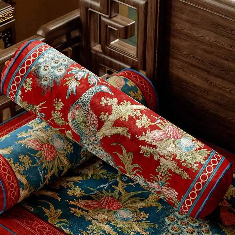 Chinoiserie Original Luxurious Vase-Shaped Peacock Lumbar Pillow - SinoCultural -- SJZBZ064A01