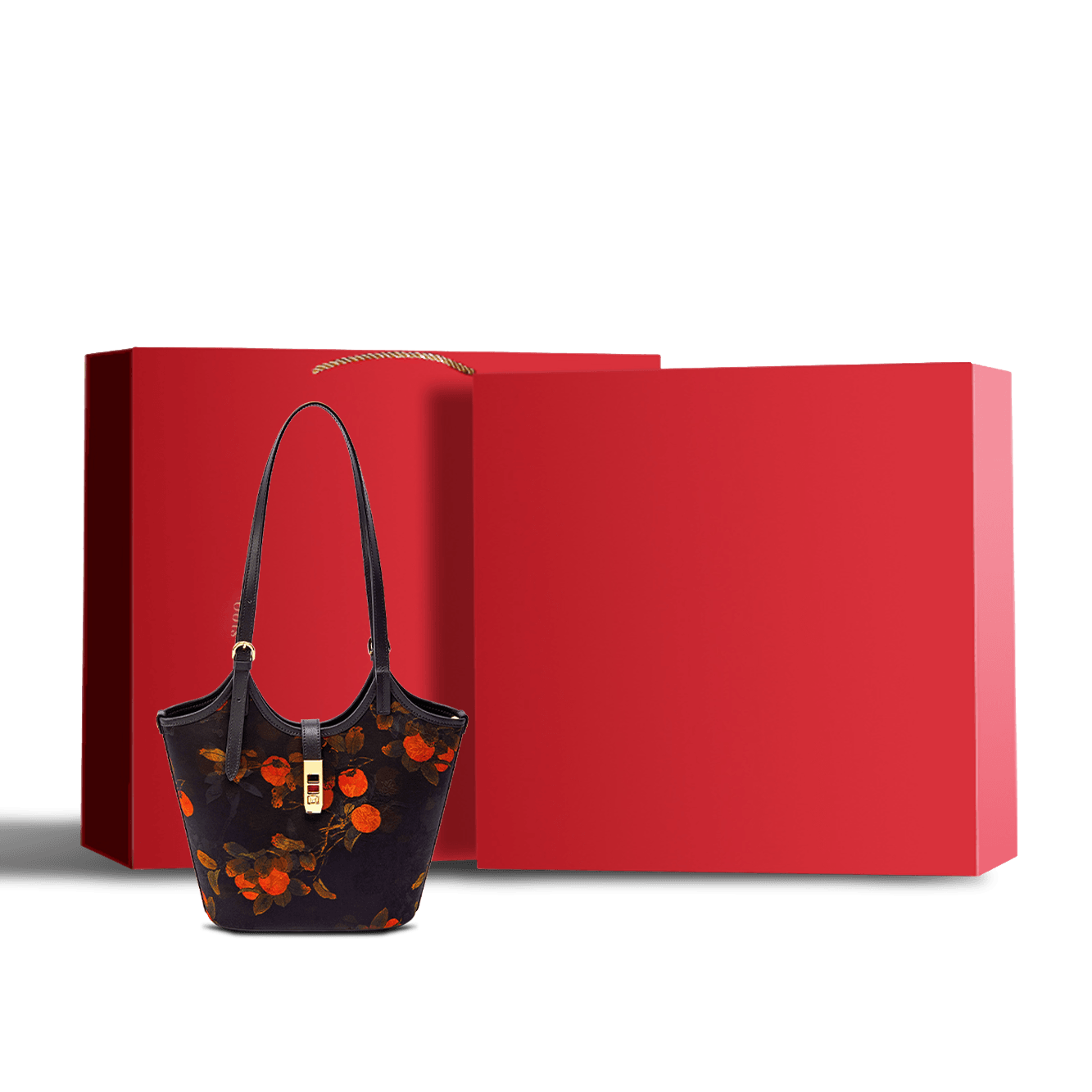 Xiangyunsha Silk Leather Printed Persimmon Bucket Bag - SinoCultural -- YS120762