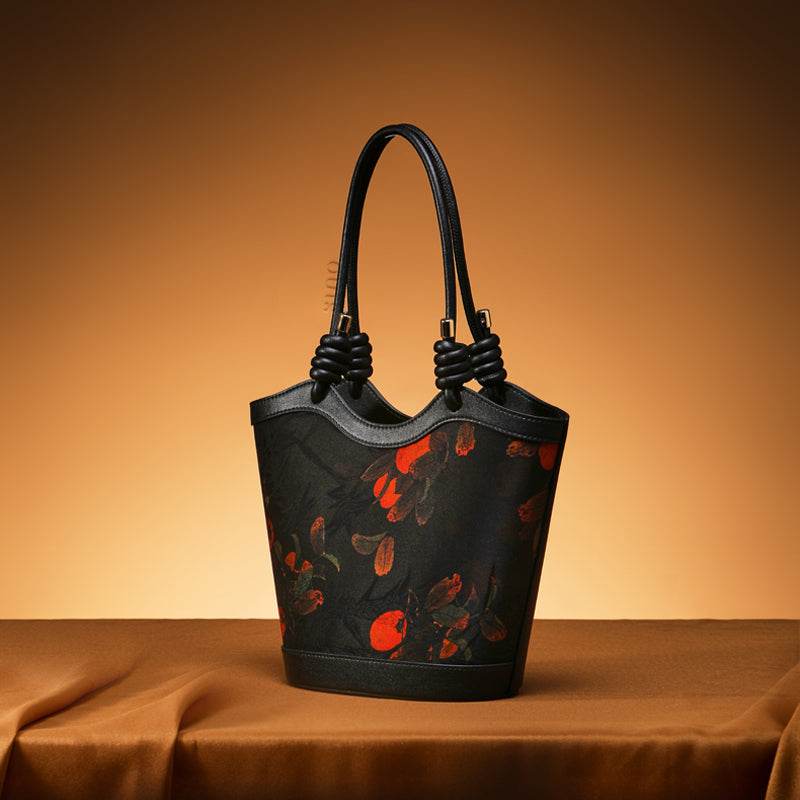 Xiangyunsha Silk Leather Printed Persimmon Shoulder Bag - SinoCultural -- YS120763