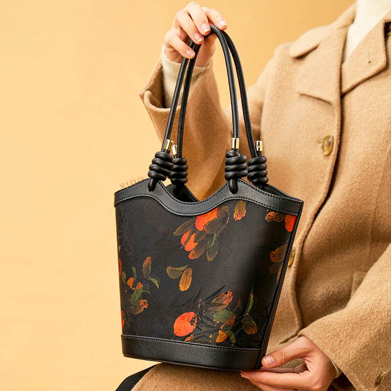 Xiangyunsha Silk Leather Printed Persimmon Shoulder Bag - SinoCultural -- YS120763