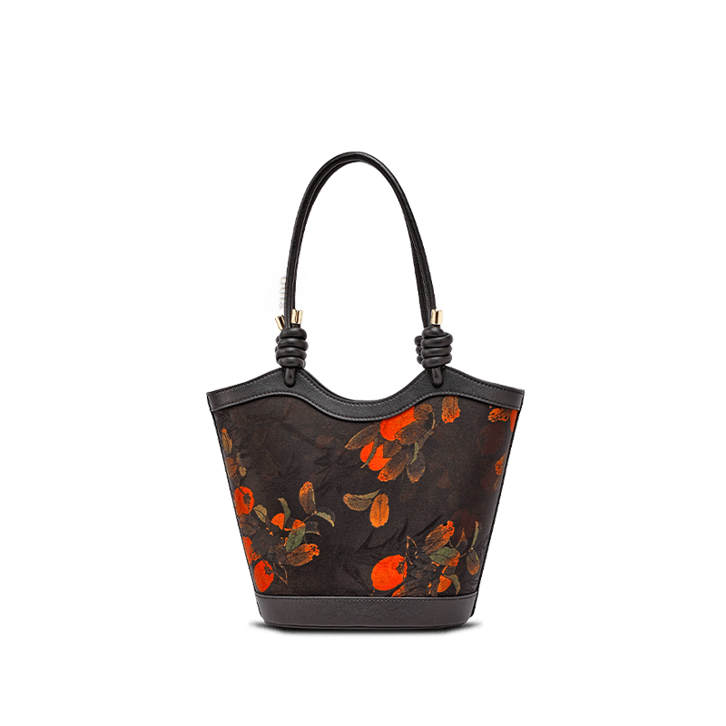 Xiangyunsha Silk Leather Printed Persimmon Shoulder Bag - SinoCultural -- YS120763