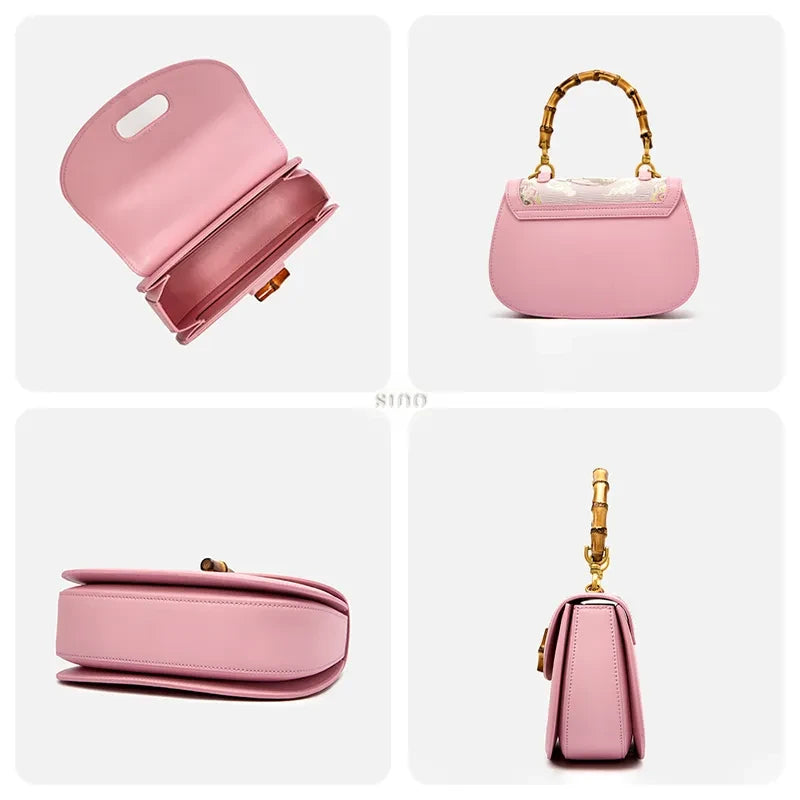 Detailed construction of the pink Song brocade handbag, showing depth, back, base, and side views with bamboo handle.