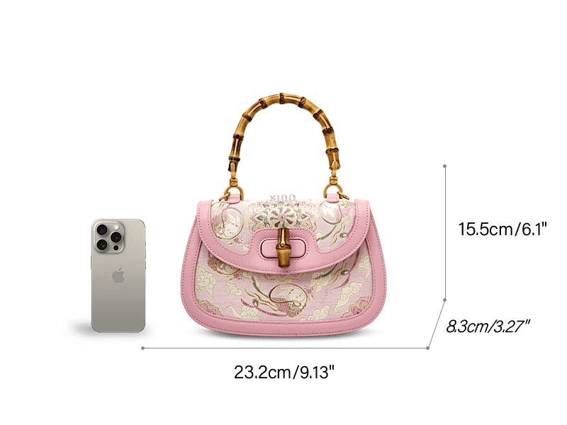 Song Brocade Pink Mulberry Silk Handbag with Bamboo Handle - SinoCultural -- P12062902-2