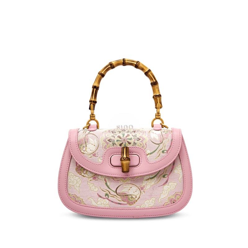 Song Brocade Pink Mulberry Silk Handbag with Bamboo Handle - SinoCultural -- P12062902-2