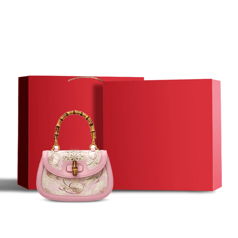Song Brocade Pink Mulberry Silk Handbag with Bamboo Handle - SinoCultural -- P12062902-2