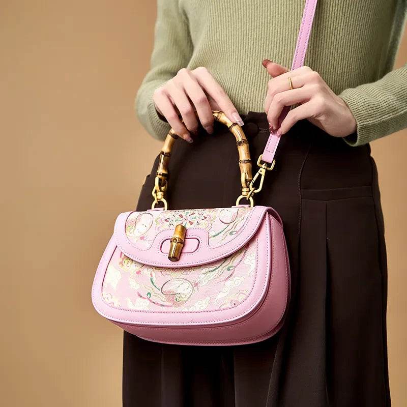 Song Brocade Pink Mulberry Silk Handbag with Bamboo Handle - SinoCultural -- P12062902-2