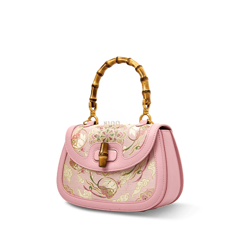 Song Brocade Pink Mulberry Silk Handbag with Bamboo Handle - SinoCultural -- P12062902-2
