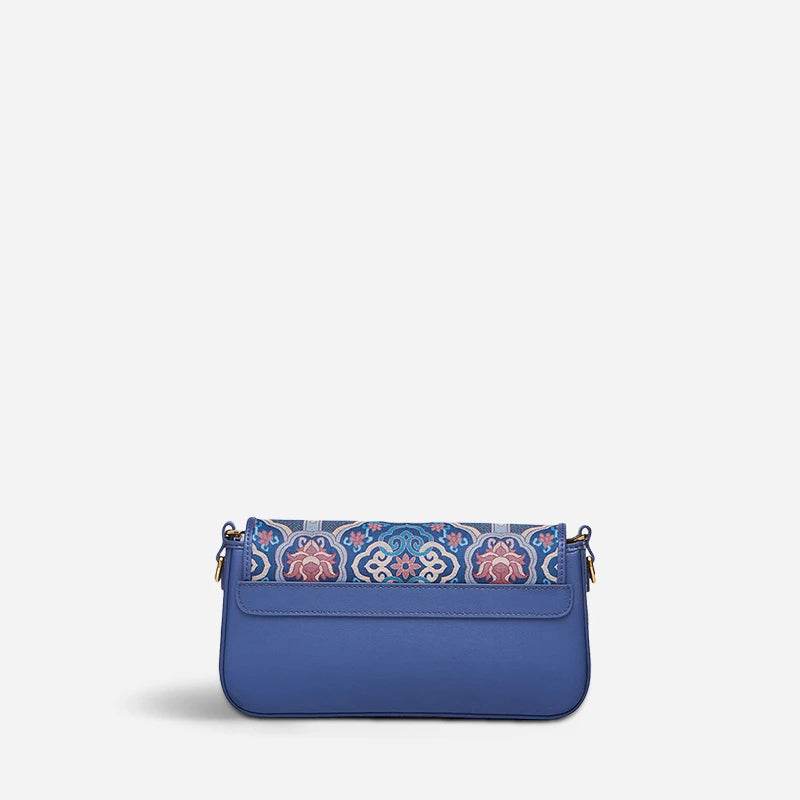 Song Brocade Leather Mulberry Silk Blue Shoulder Evening Bag - SinoCultural -- P12064802B