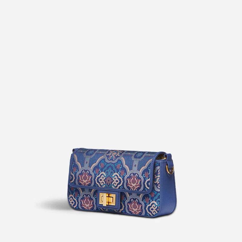 Song Brocade Leather Mulberry Silk Blue Shoulder Evening Bag - SinoCultural -- P12064802B