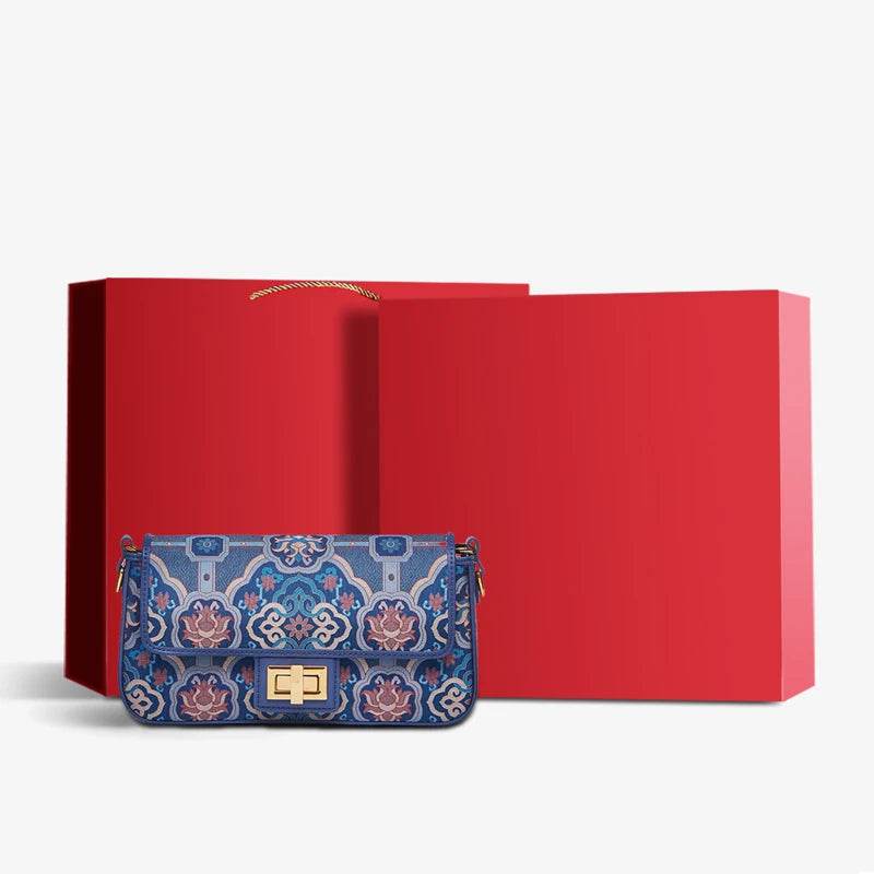 Song Brocade Leather Mulberry Silk Blue Shoulder Evening Bag - SinoCultural -- P12064802B