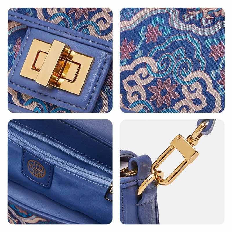 Song Brocade Leather Mulberry Silk Blue Shoulder Evening Bag - SinoCultural -- P12064802B