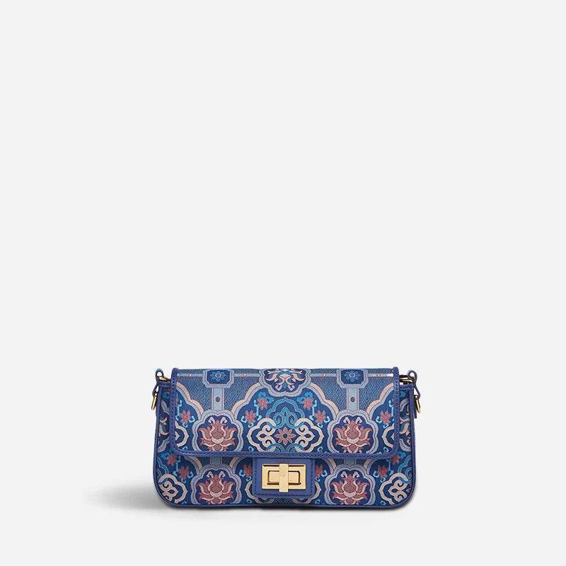 Song Brocade Leather Mulberry Silk Blue Shoulder Evening Bag - SinoCultural -- P12064802B