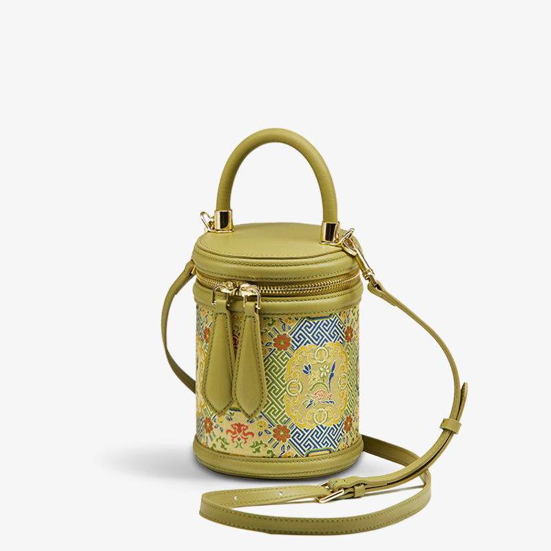 Song Brocade Leather Bucket Cylinder Bag - SinoCultural -- P120617 -