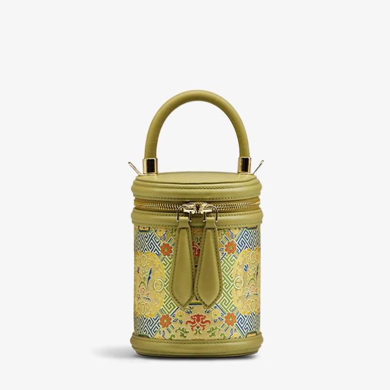 Song Brocade Leather Bucket Cylinder Bag - SinoCultural -- P120617 -
