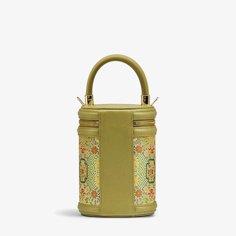 Song Brocade Leather Bucket Cylinder Bag - SinoCultural -- P120617 -