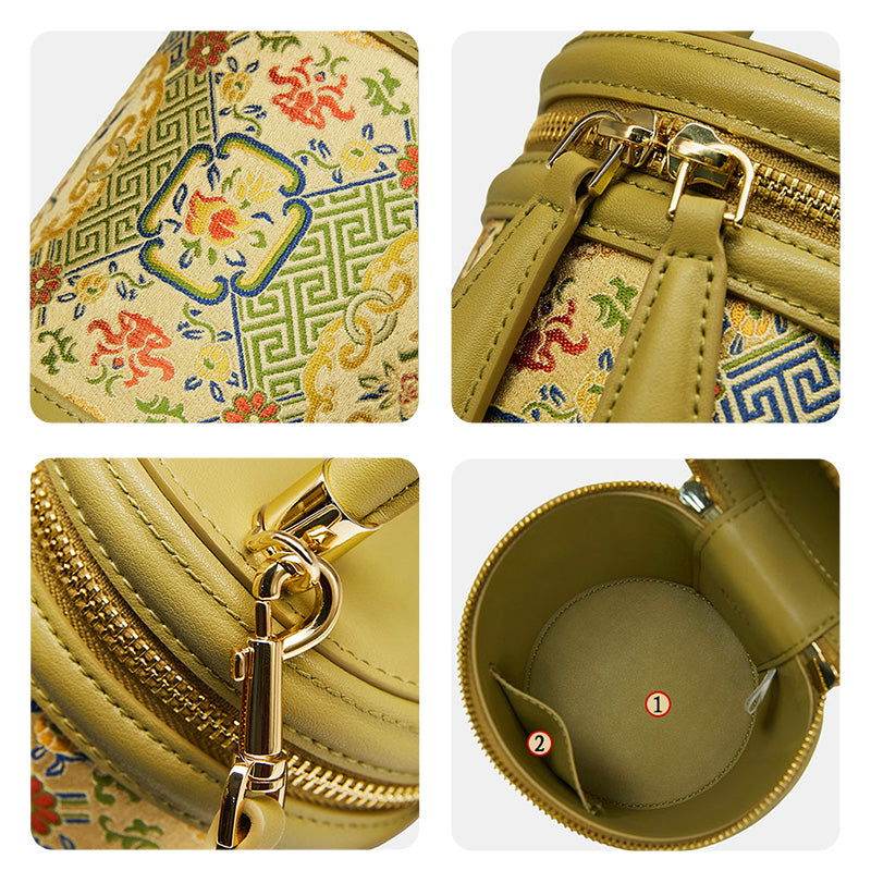 Song Brocade Leather Bucket Cylinder Bag - SinoCultural -- P120617 -
