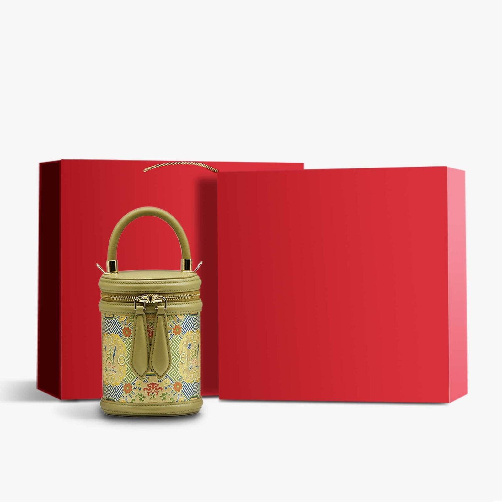 Song Brocade Leather Bucket Cylinder Bag - SinoCultural -- P120617 -