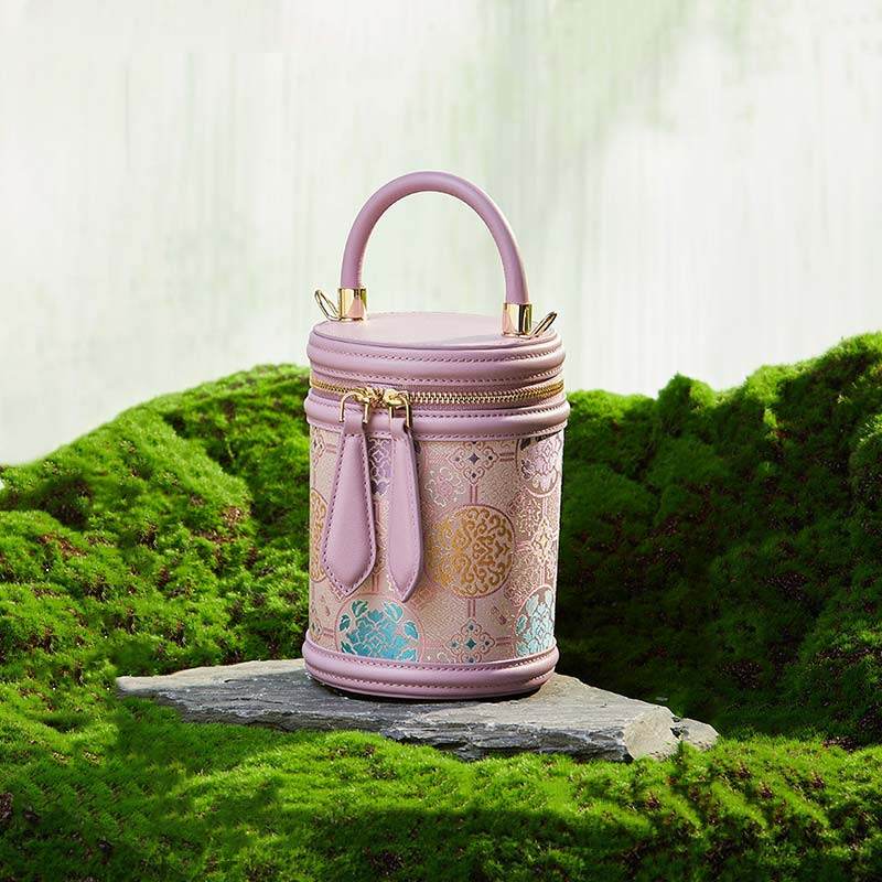 Song Brocade Leather Bucket Cylinder Bag - SinoCultural -- P11017902P-1 -