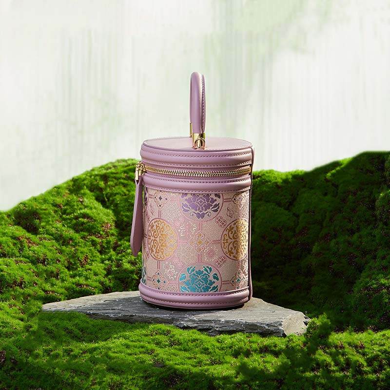 Song Brocade Leather Bucket Cylinder Bag - SinoCultural -- P11017902P-1 -