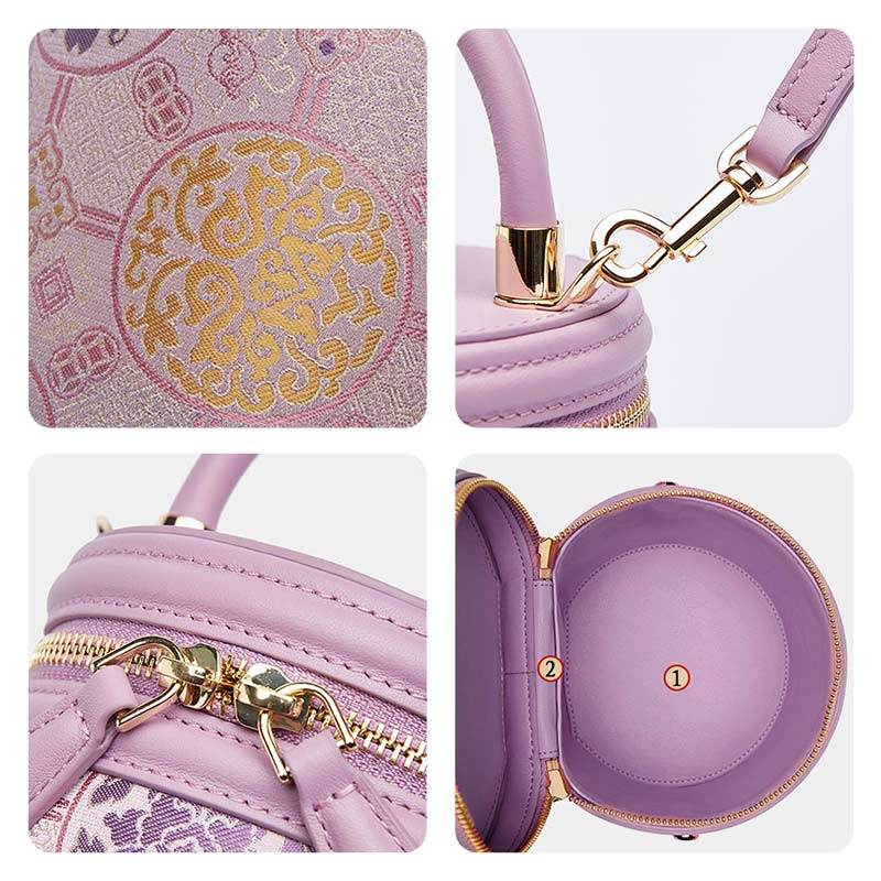 Song Brocade Leather Bucket Cylinder Bag - SinoCultural -- P11017902P-1 -