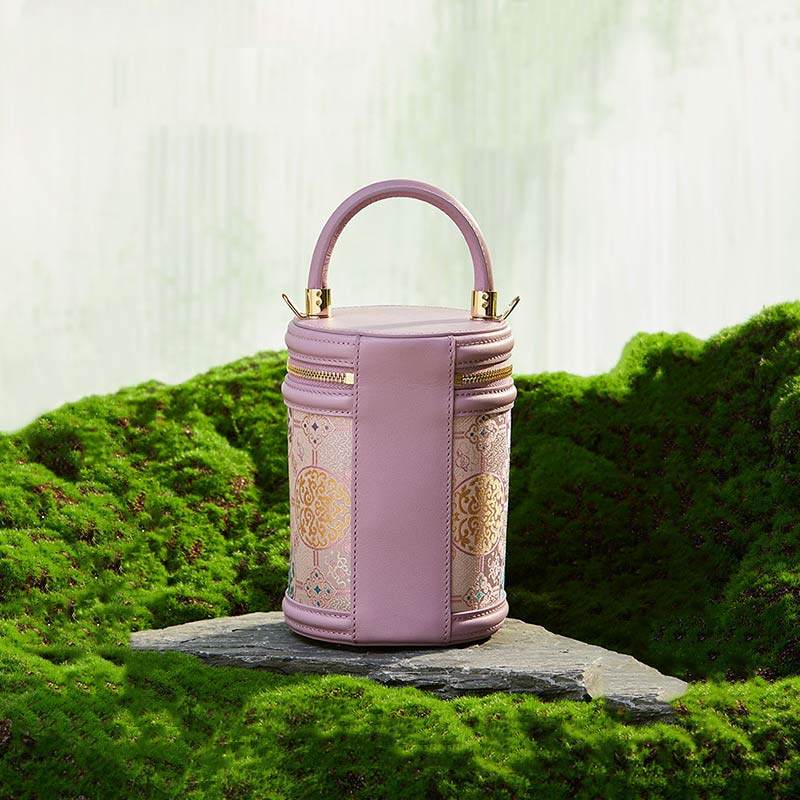 Song Brocade Leather Bucket Cylinder Bag - SinoCultural -- P11017902P-1 -