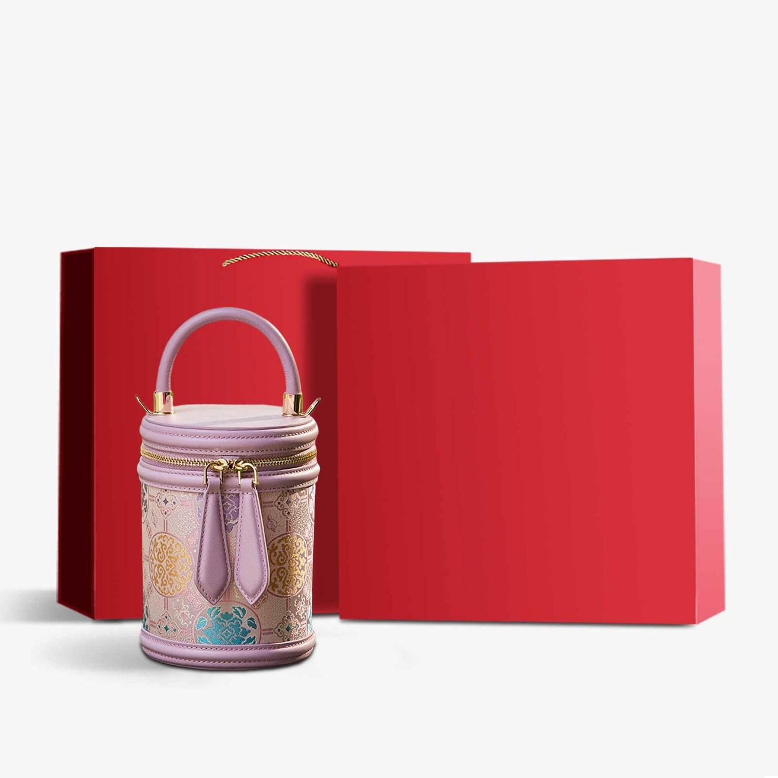 Song Brocade Leather Bucket Cylinder Bag - SinoCultural -- P11017902P-1 -