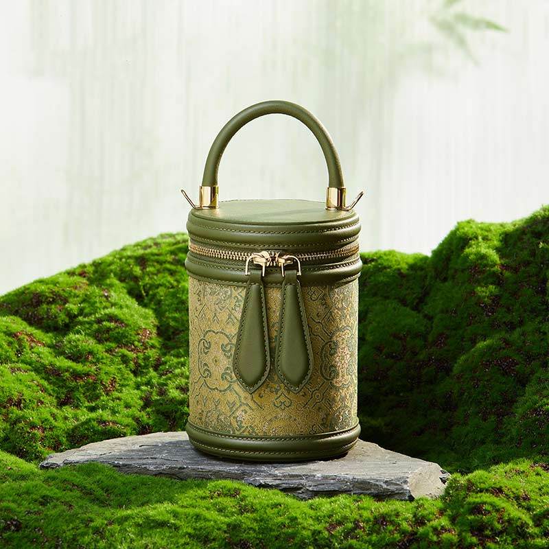 Song Brocade Leather Bucket Cylinder Bag - SinoCultural -- P11017902G