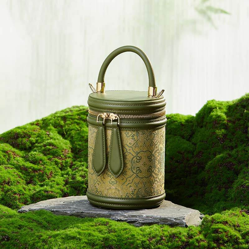 Song Brocade Leather Bucket Cylinder Bag - SinoCultural -- P11017902G