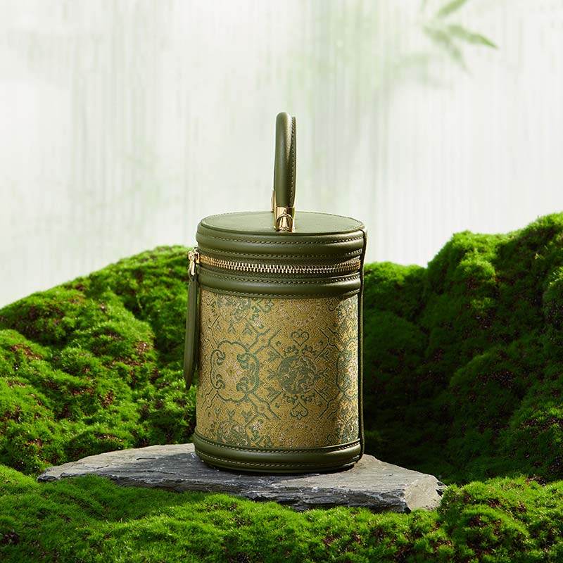 Song Brocade Leather Bucket Cylinder Bag - SinoCultural -- P11017902G