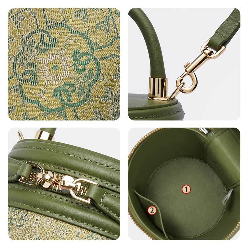 Song Brocade Leather Bucket Cylinder Bag - SinoCultural -- P11017902G