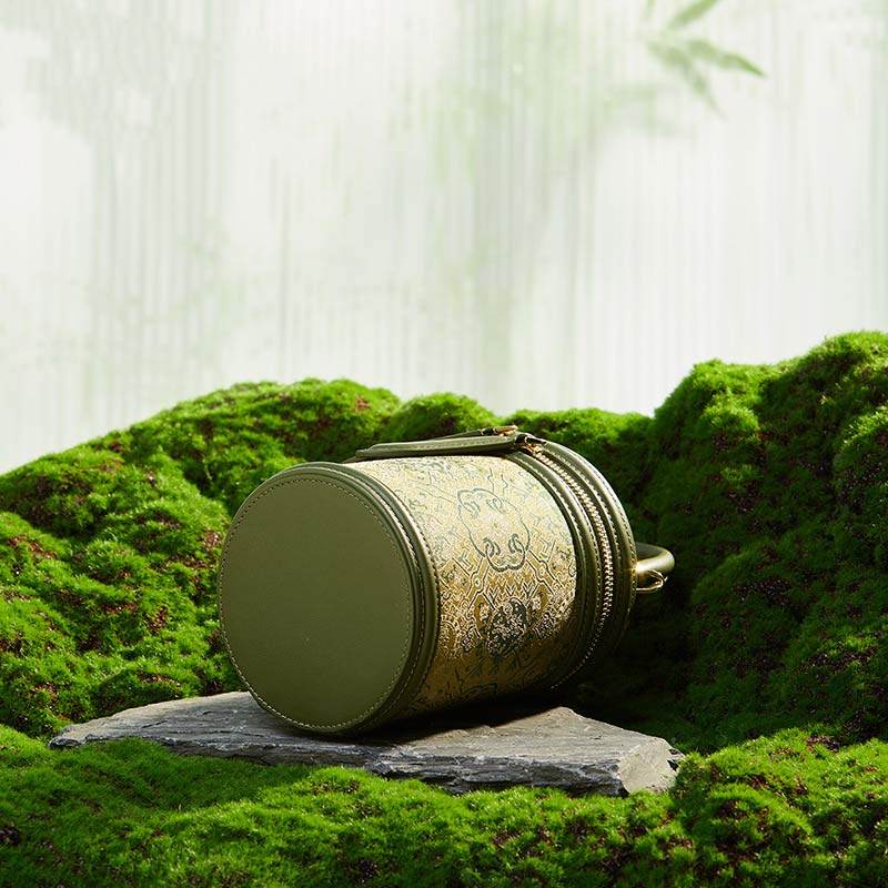 Song Brocade Leather Bucket Cylinder Bag - SinoCultural -- P11017902G