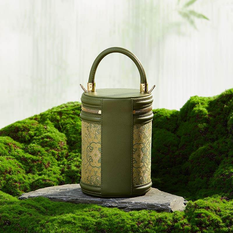 Song Brocade Leather Bucket Cylinder Bag - SinoCultural -- P11017902G