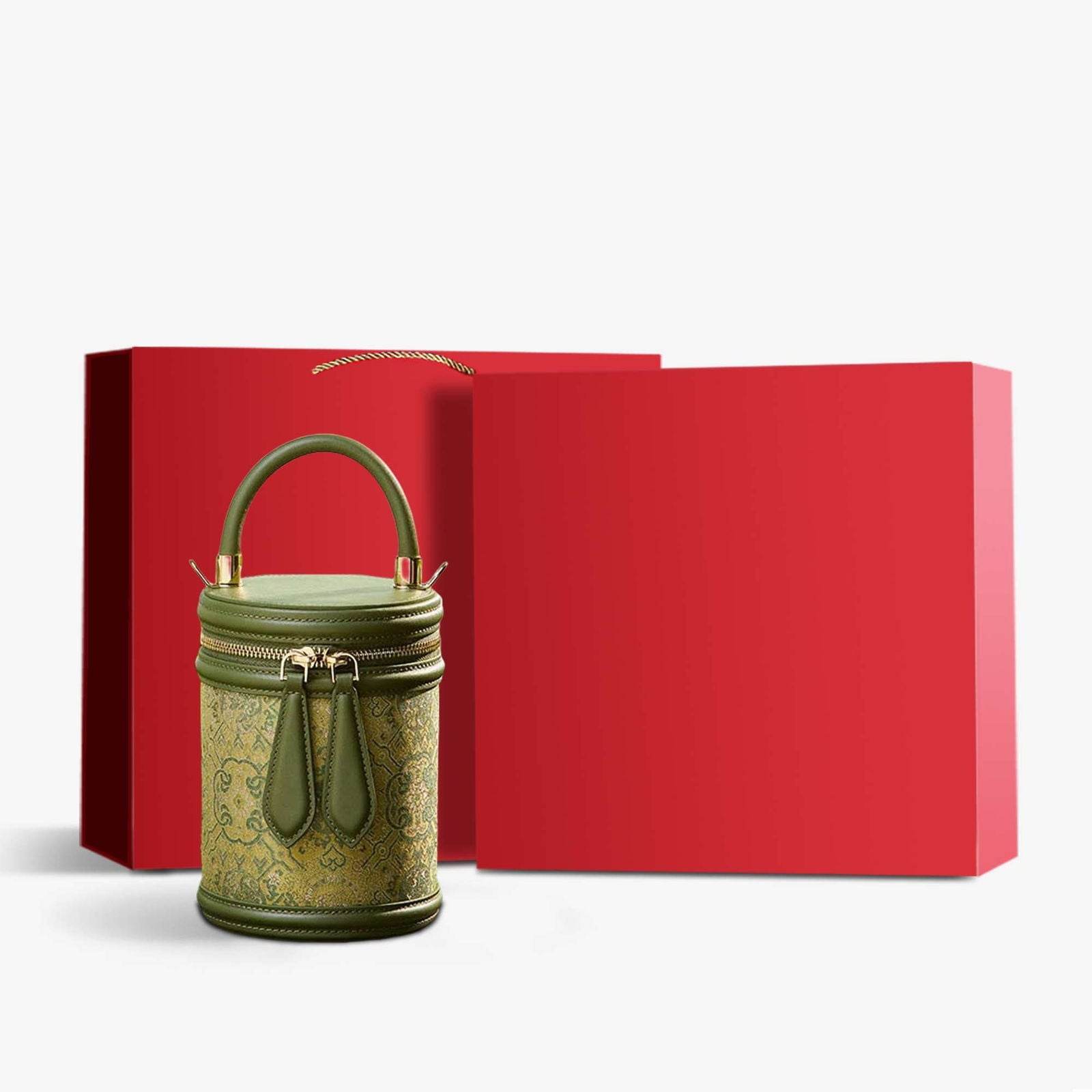 Song Brocade Leather Bucket Cylinder Bag - SinoCultural -- P11017902G